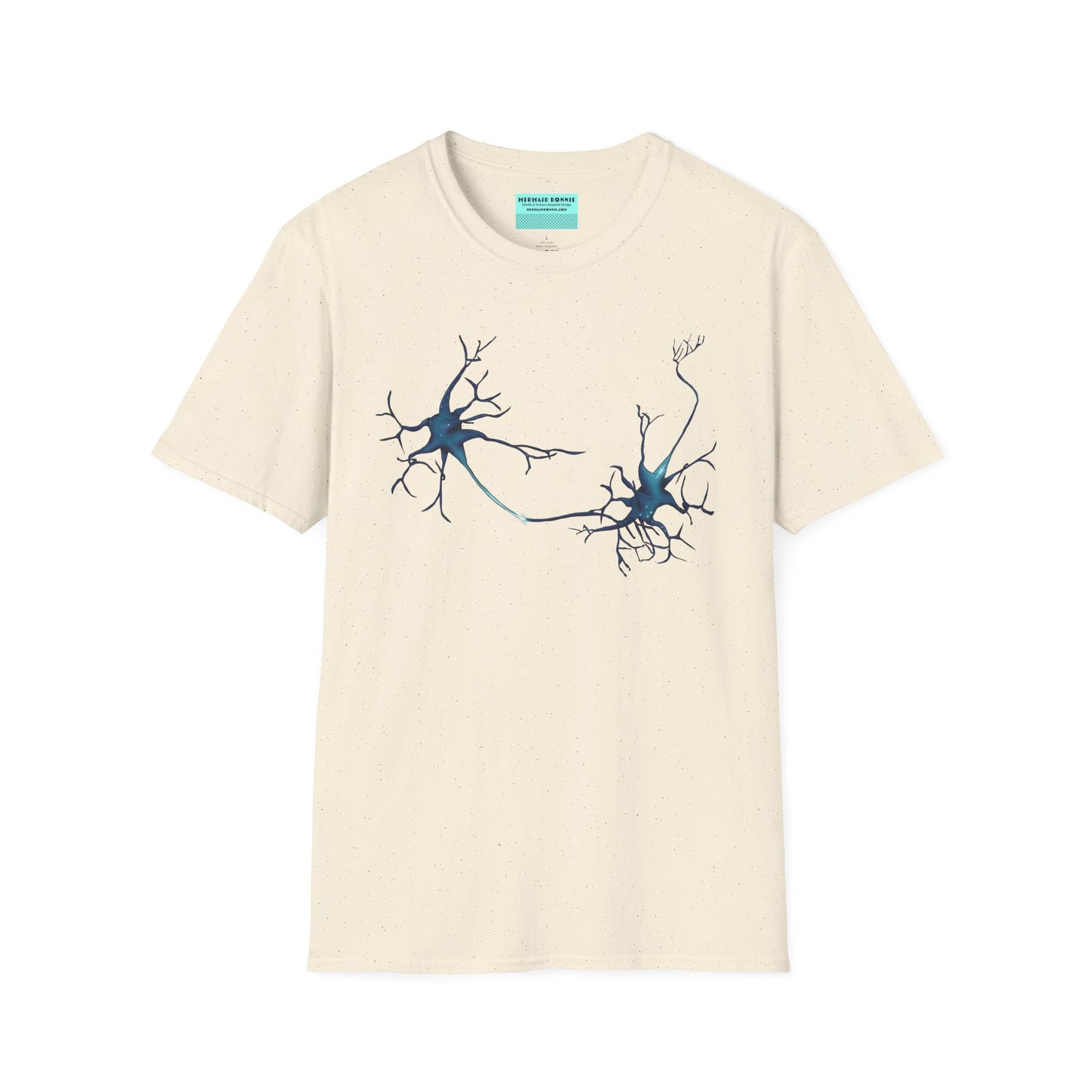 Beige t-shirt featuring an illustration of two blue neurons extending toward each other and forming a synapse across the front.