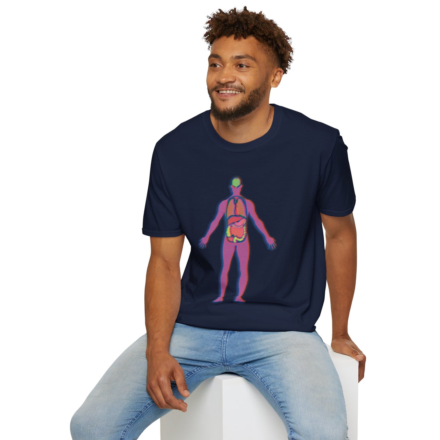 Man wearing a navy t-shirt featuring an illustration of an anatomical figure with internal organs shown in different colors.