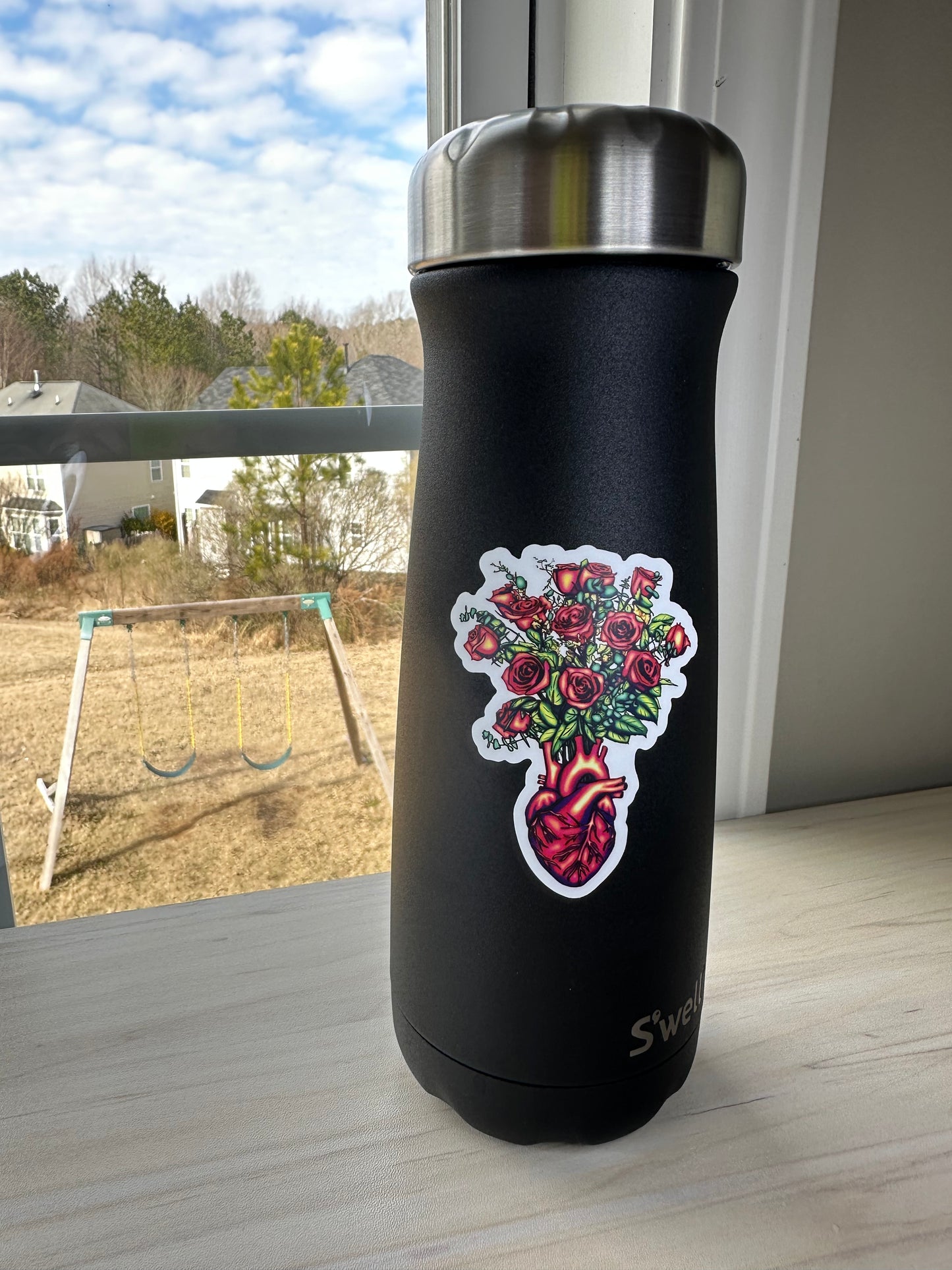 Anatomical Heart with Roses Sticker, Cardiology Vinyl Decal, Gothic Romance, Anatomy Sticker