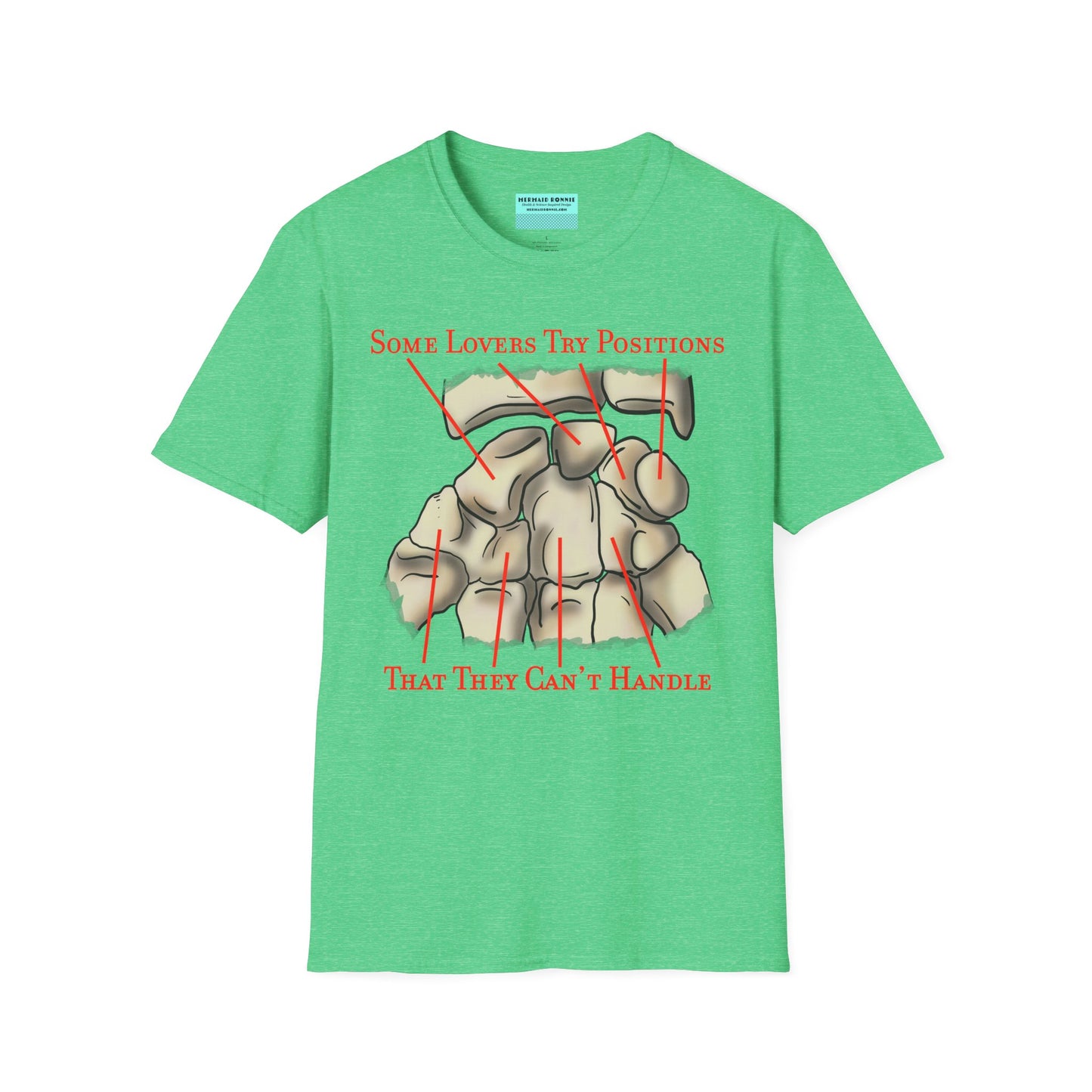 Green t-shirt featuring an anatomical drawing of the carpal bones, with the mnemonic 'Some lovers try positions that they can't handle' displayed.