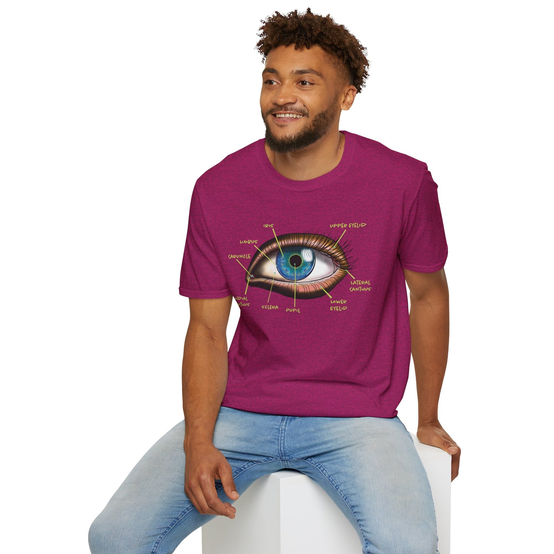 Man wearing a pink t-shirt featuring an anatomical diagram of an eye, with labeled parts of the eye displayed.