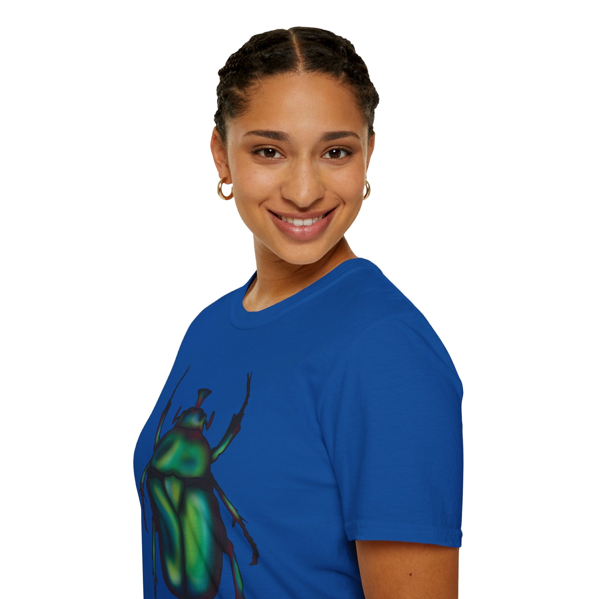 Woman wearing a blue t-shirt featuring an illustration of a June bug (green chafer beetle) across the chest.