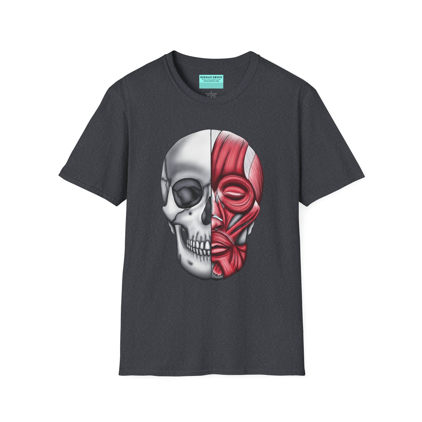 Dark grey shirt featuring an anatomically correct skull illustration, with half of the skull covered by facial muscles.
