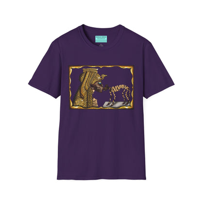 Purple t-shirt featuring an illustration of Cleopatra mummy kissing a cat mummy.