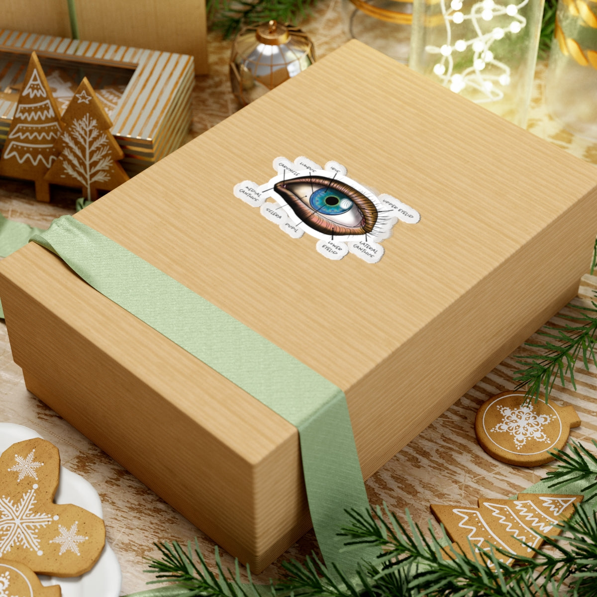Small sticker adhered to a gift featuring an anatomical diagram of a human eye, showing detailed structures like the iris, pupil, and other parts.