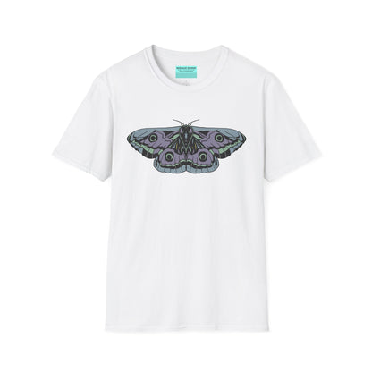 White t-shirt featuring a drawing of a blue and purple moth.