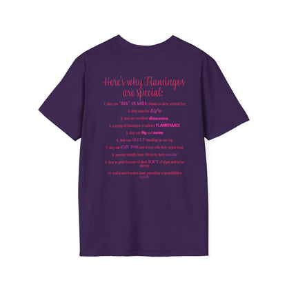 Back of a purple unisex short-sleeve tee that proudly declares “Here’s why flamingos are special” above a list of 10 fun flamingo facts — because nothing says style like bird-based trivia on your back.