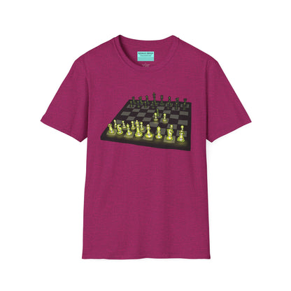 Dark pink unisex short-sleeve t-shirt featuring an electrifying chess board with glowing pieces mid–Queen’s Gambit, because nothing says “checkmate” like opening with flair and a radiant strategy.