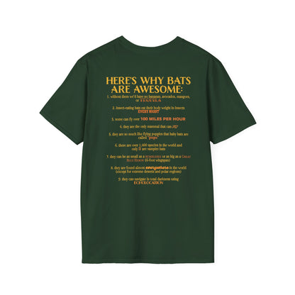 Back of a forest green t-shirt that reads “Here’s why bats are awesome,” followed by a fun list of 9 bat facts—because who doesn’t want wearable proof that bats are the underrated rockstars of the animal kingdom?