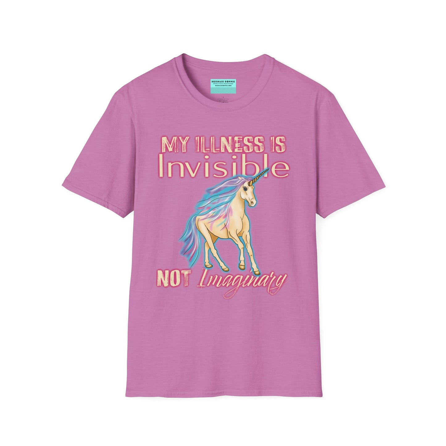 Light purple shirt featuring a drawing of a unicorn and the phrase 'My illness is invisible not imaginary'.