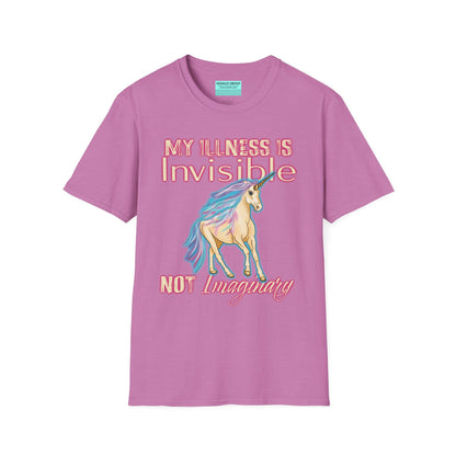 Light purple shirt featuring a drawing of a unicorn and the phrase 'My illness is invisible not imaginary'.