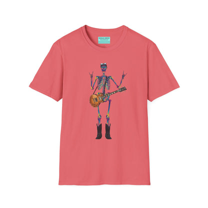 Coral t-shirt featuring a tie-dye skeleton holding a guitar, dressed like a classic rocker with boots, a bandana, and rock-style clothing.