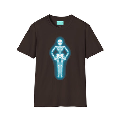Brown t-shirt featuring an illustration of a glowing neon sign in the shape of a skeleton.