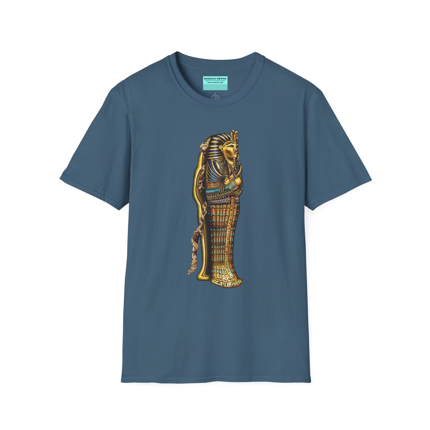 Indigo blue t-shirt featuring an illustration of an Egyptian sarcophagus, with a mummy stepping out of it and glowing red eyes.