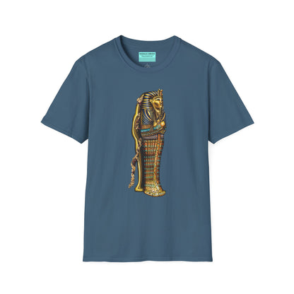 Indigo blue t-shirt featuring an illustration of an Egyptian sarcophagus, with a mummy stepping out of it and glowing red eyes.