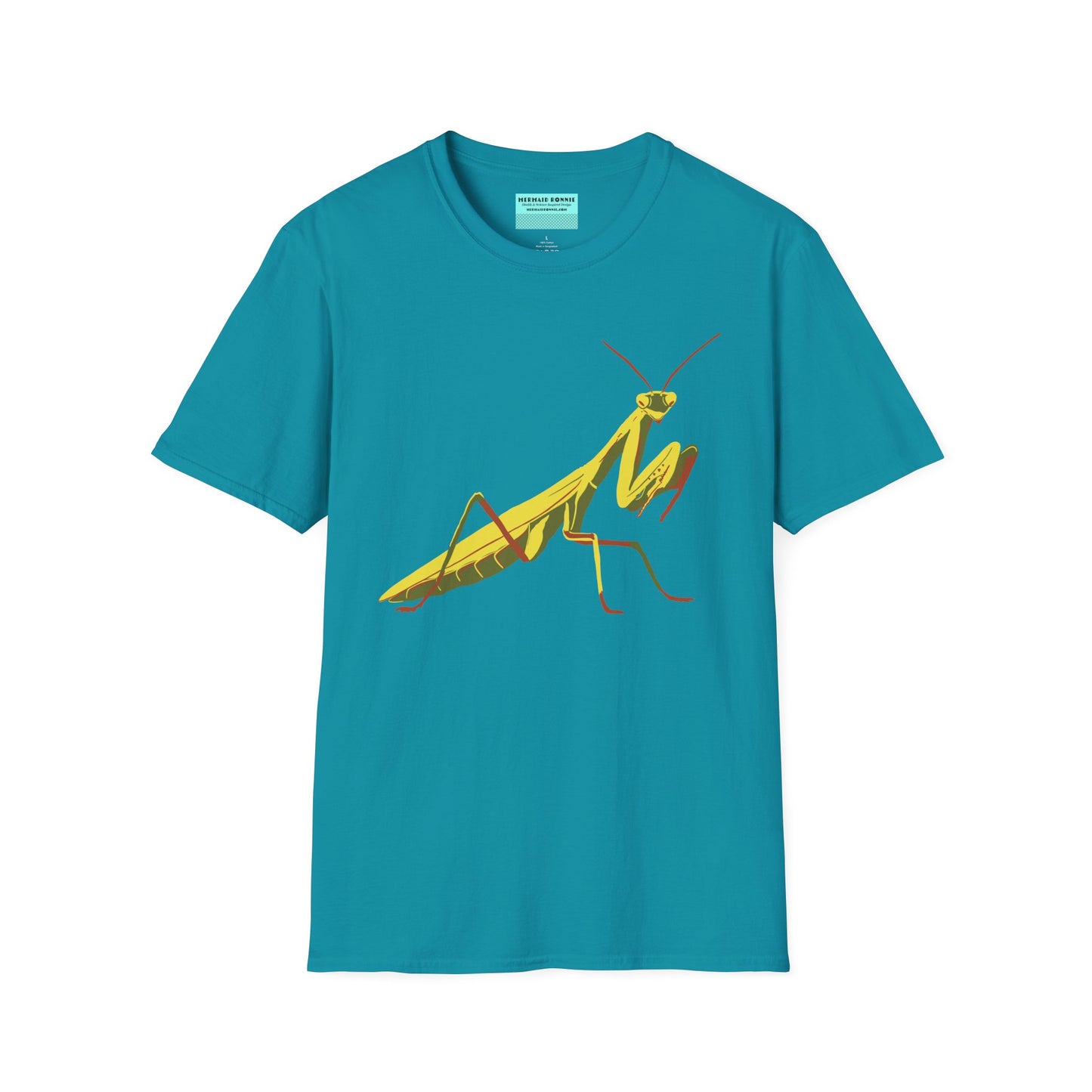 Tropical blue t-shirt featuring an illustration of a green praying mantis on the front.