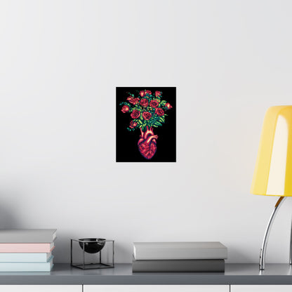 Anatomical Heart with Roses Art Print, Gothic Wall Decor Poster, Black and Red Floral Wall Poster