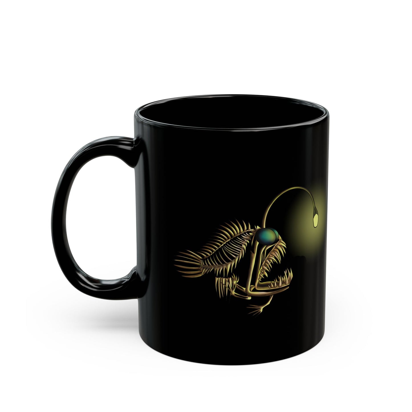 Angler Fish Skeleton Mug: Glowing Bioluminescent Lure Black Ceramic Coffee Mug