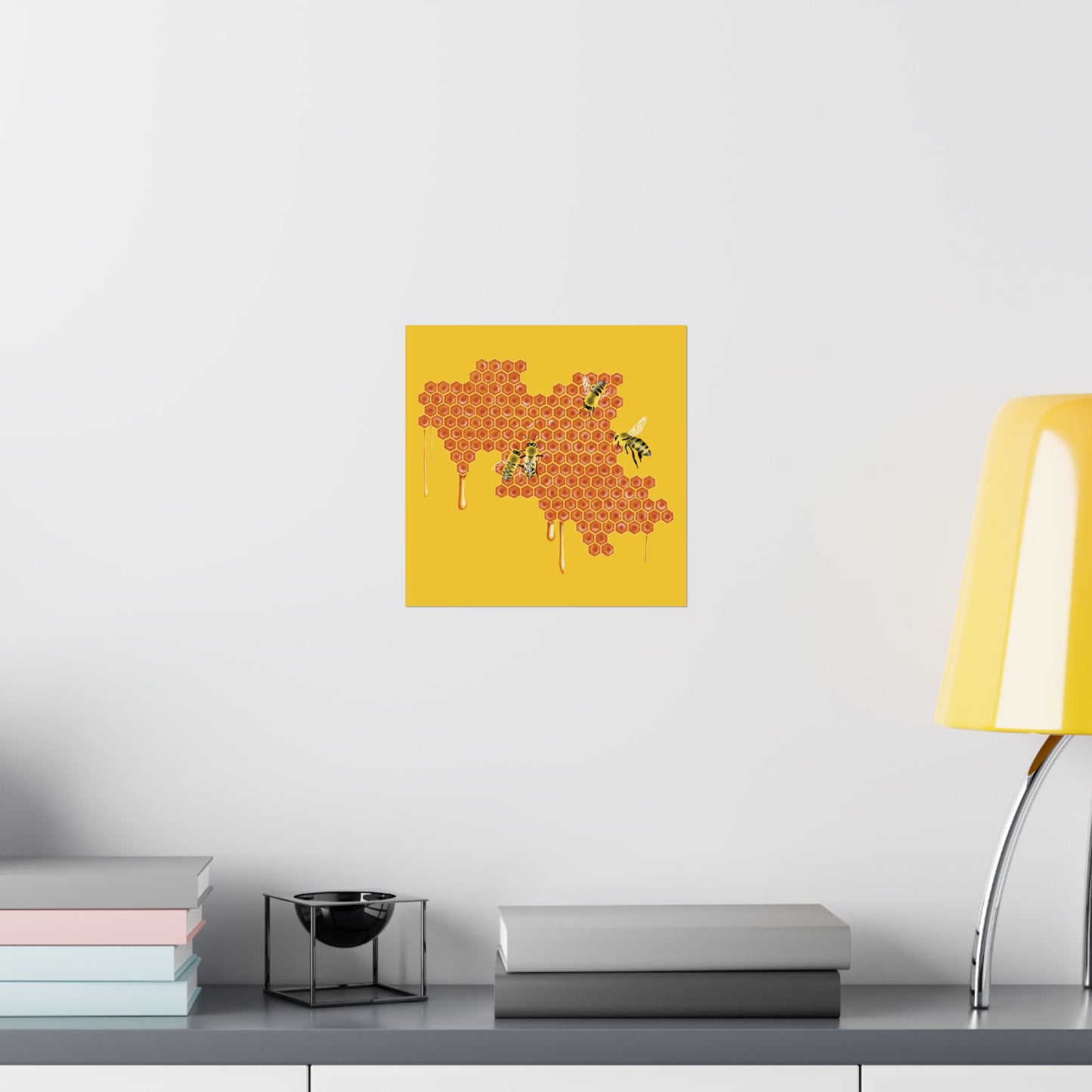Honeybees on Honeycomb Wall Art Print, Dripping Honey, Yellow and Orange Nature Poster
