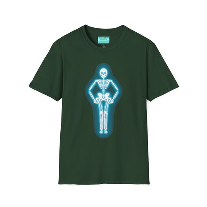 Forest green t-shirt featuring an illustration of a glowing neon sign in the shape of a skeleton.