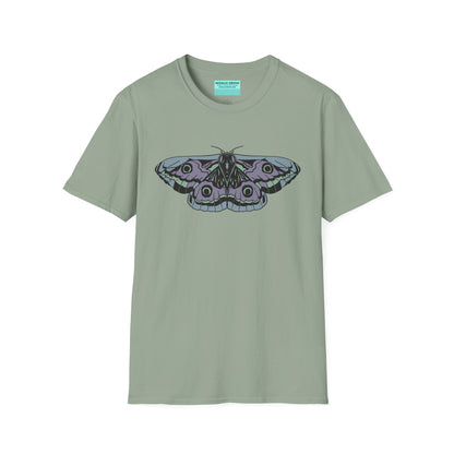 Sage green t-shirt featuring a drawing of a blue and purple moth.
