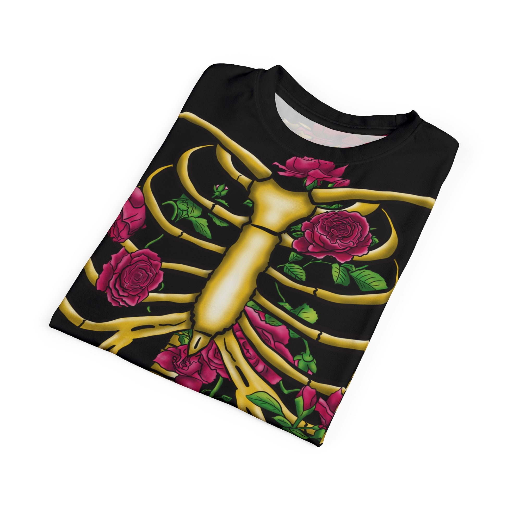 Folded unisex black athletic t-shirt featuring a gold anatomical skeleton adorned with blooming pink roses—because strength and beauty aren't mutually exclusive, and your bones deserve to blossom.