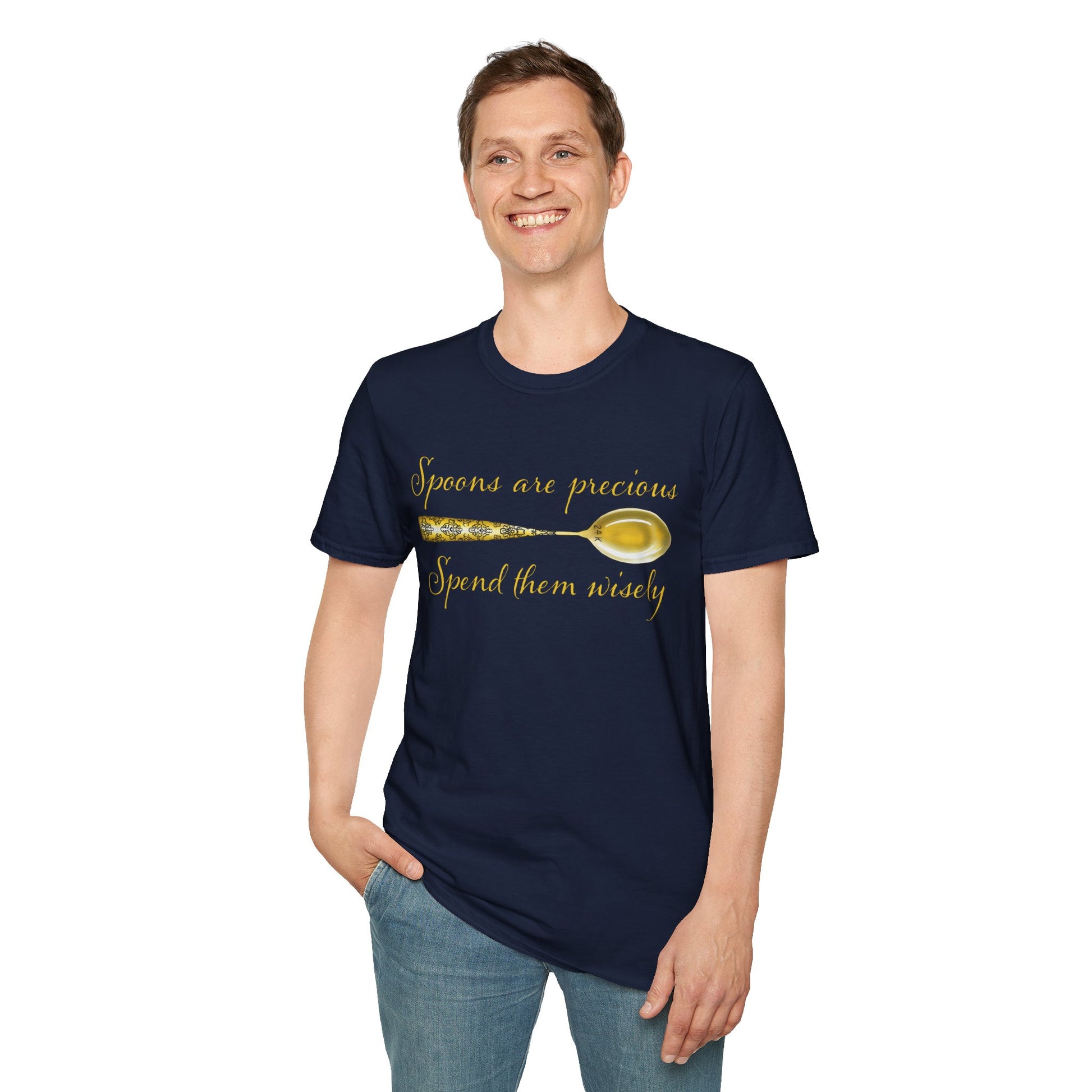 Man wearing a navy t-shirt featuring a picture of a gold spoon and the phrase 'Spoons are precious, spend them wisely.'