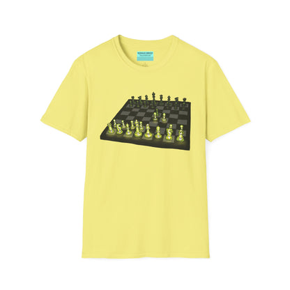 Yellow unisex short-sleeve t-shirt featuring an electrifying chess board with glowing pieces mid–Queen’s Gambit, because nothing says “checkmate” like opening with flair and a radiant strategy.