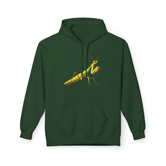 A dark green unisex pullover hoodie featuring a striking illustration of a yellow and green praying mantis—because sometimes, you need to channel your inner insect warrior while staying cozy.