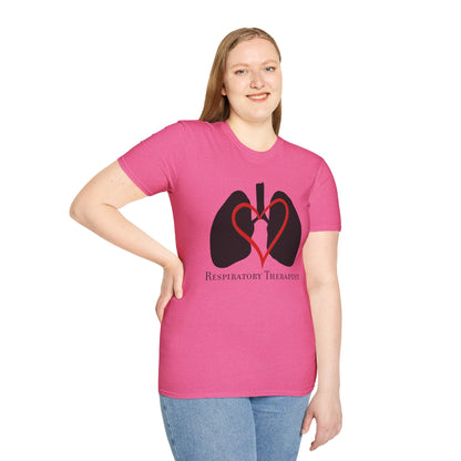 Woman wearing a pink unisex short sleeve t-shirt with a graphic illustration of a heart and lungs; the words "respiratory therapist" are printed below the design.
