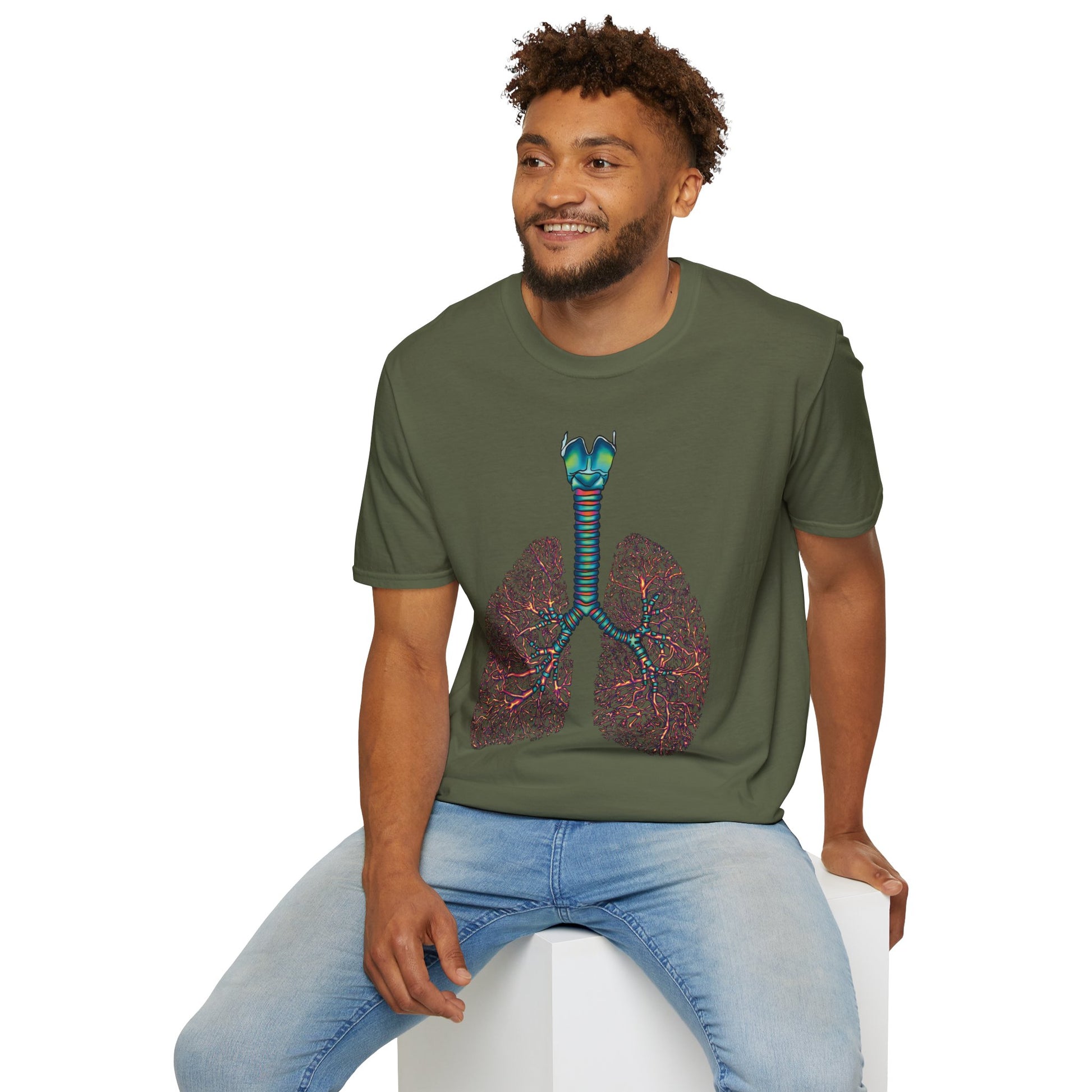 Man wearing a military green t-shirt featuring an illustration of anatomical lungs, including the bronchi, trachea, and larynx.