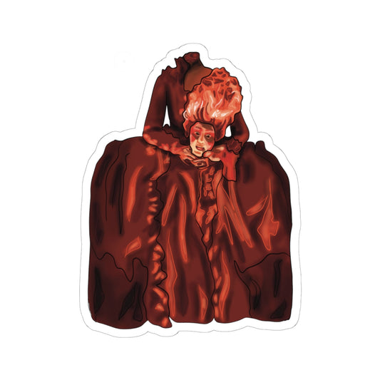 Sticker featuring a drawing of Marie Antoinette dressed in red, holding her own head after beheading.