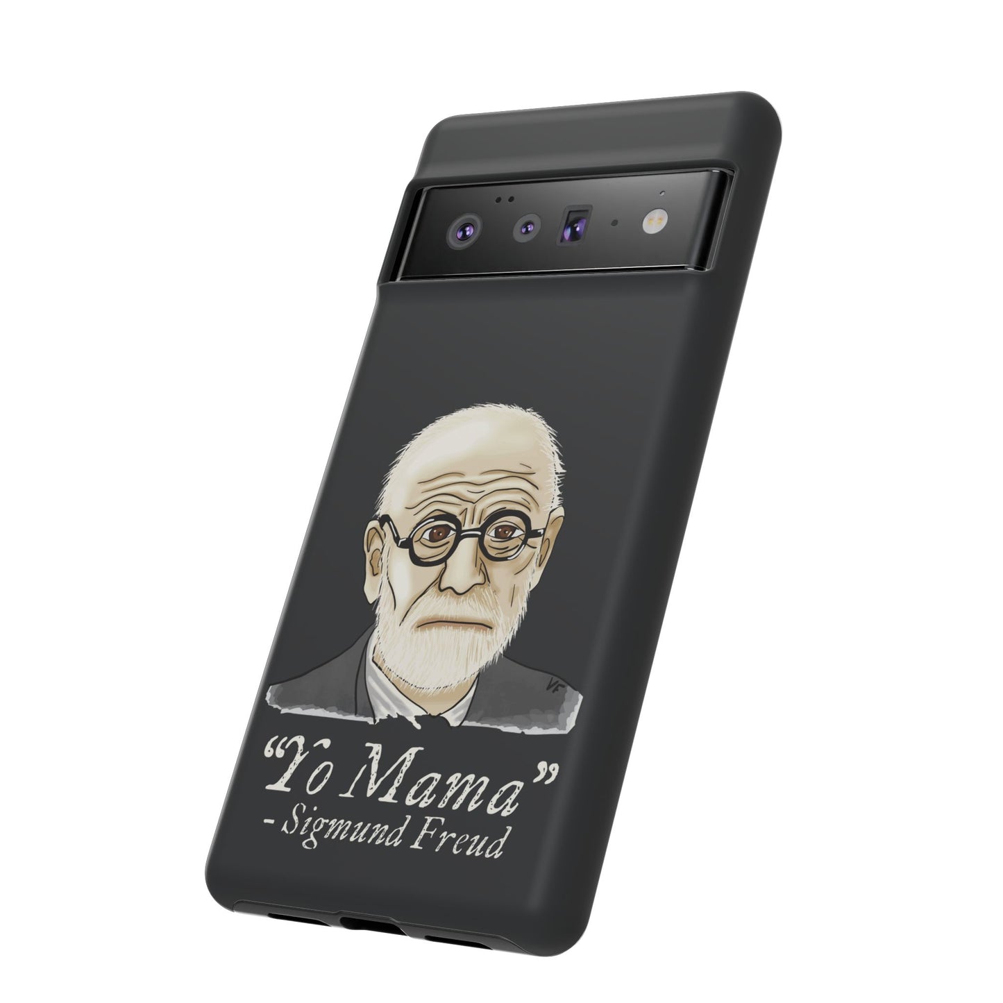 Dark grey phone case featuring a portrait of Sigmund Freud, paired with the cheeky quote “yo mama”—because even the father of psychoanalysis had mommy issues. This picture shows an oblique angle of the case.
