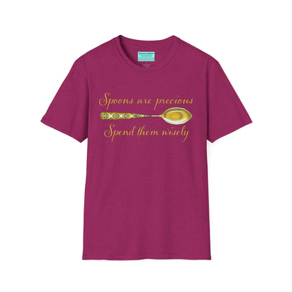 Fuscia t-shirt featuring a picture of a gold spoon and the phrase 'Spoons are precious, spend them wisely.'