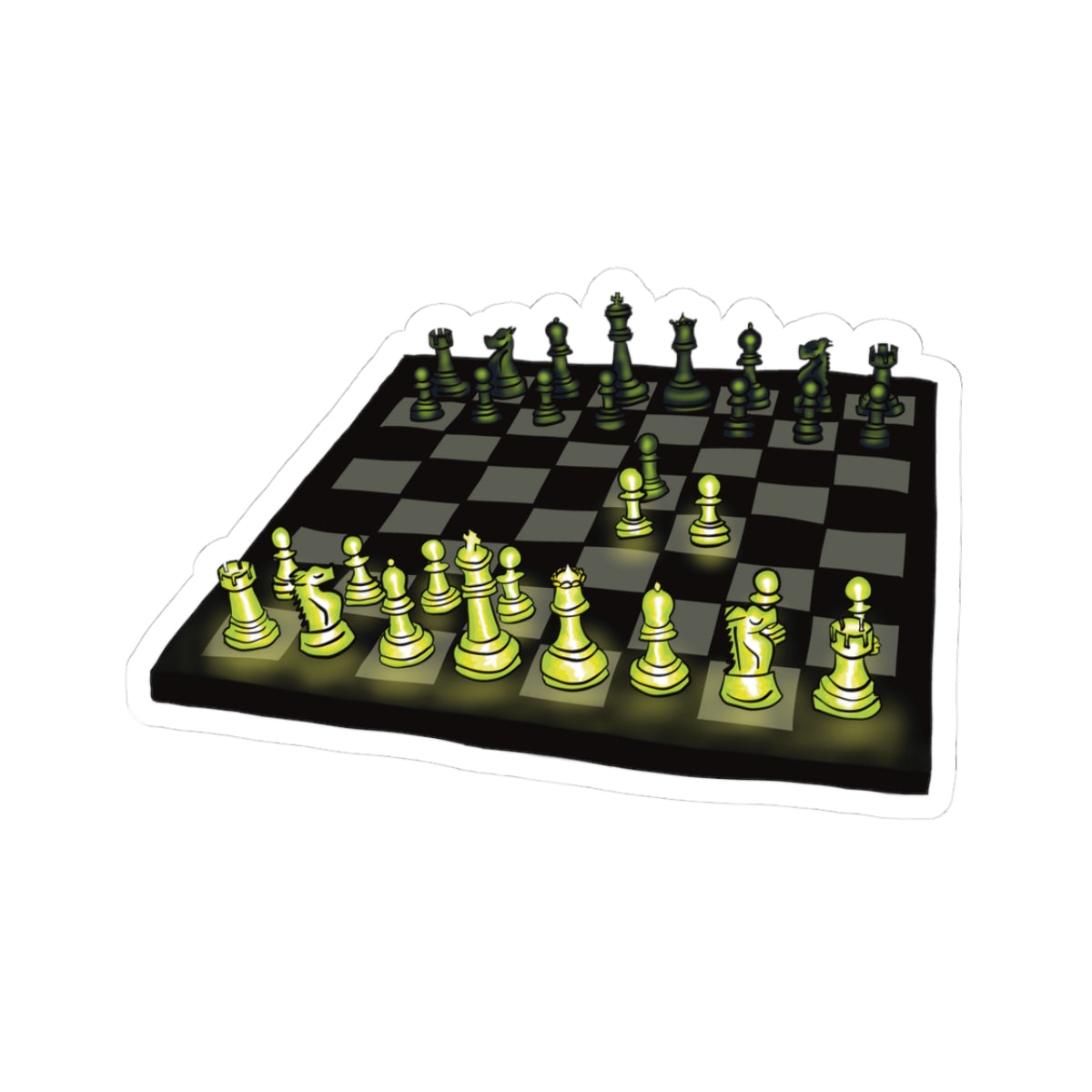 Sticker featuring a drawing of a chessboard with pieces illuminated by green light, showing the opening move known as the Queen’s Gambit.