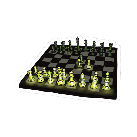 Sticker featuring a drawing of a chessboard with pieces illuminated by green light, showing the opening move known as the Queen’s Gambit.