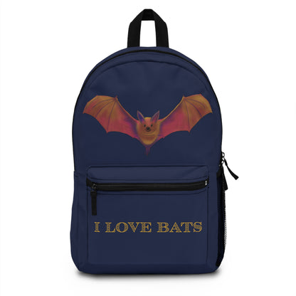 I Love Bats Backpack, Navy Blue Canvas Backpack, Blue Bat Backpack
