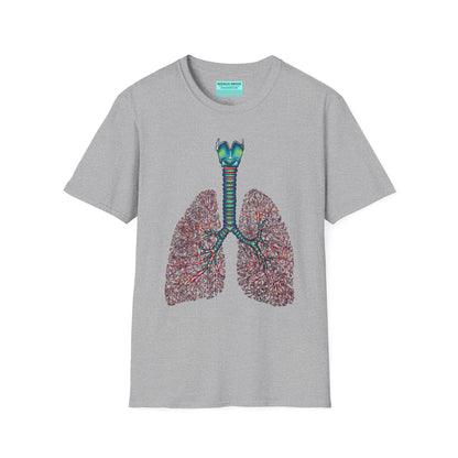 Grey t-shirt featuring an illustration of anatomical lungs, including the bronchi, trachea, and larynx.
