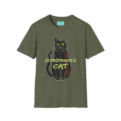 Military green unisex short-sleeve tee featuring the infamous Schrödinger’s cat—half-alive, half-dead, and fully committed to quantum confusion. The feline paradox lounges proudly beneath the words "Schrödinger's Cat," because science jokes are both alive and kicking and six feet under.