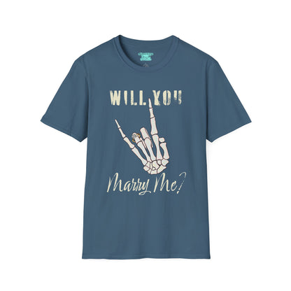 Will You Marry Me T-Shirt, Skeleton Rock and Roll Symbol, Unisex Wedding Proposal Tee