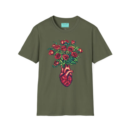 Military green shirt featuring an illustration of an anatomical heart used as a vase, with a bouquet of roses emerging from it.