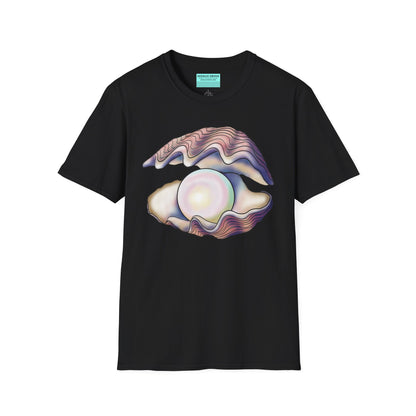 Black t-shirt featuring an illustration of a large oyster with a luminescent pearl inside.