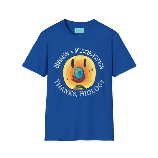 Blue t-shirt featuring an illustration of a cell, with cellular organelles arranged to create a smiley face. The text 'Division = Multiplication. Thanks, Biology' is displayed surrounding the image.