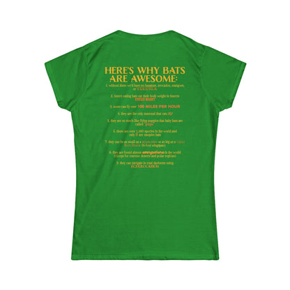 Back of a women’s t-shirt in green, with the heading 'Here’s why bats are awesome' followed by a list of nine bat facts printed beneath it.