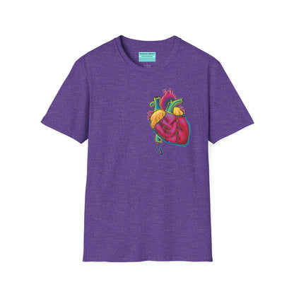 Purple unisex short sleeve t-shirt featuring a bold neon anatomical heart front and off-center, complete with dripping blood vessels—because nothing says “wear your heart on your sleeve” like wearing it smack on your chest in highlighter tones.