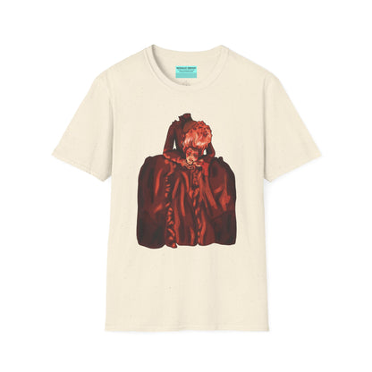 Beige t-shirt featuring an illustration of a headless Marie Antoinette holding her own head in her hands.