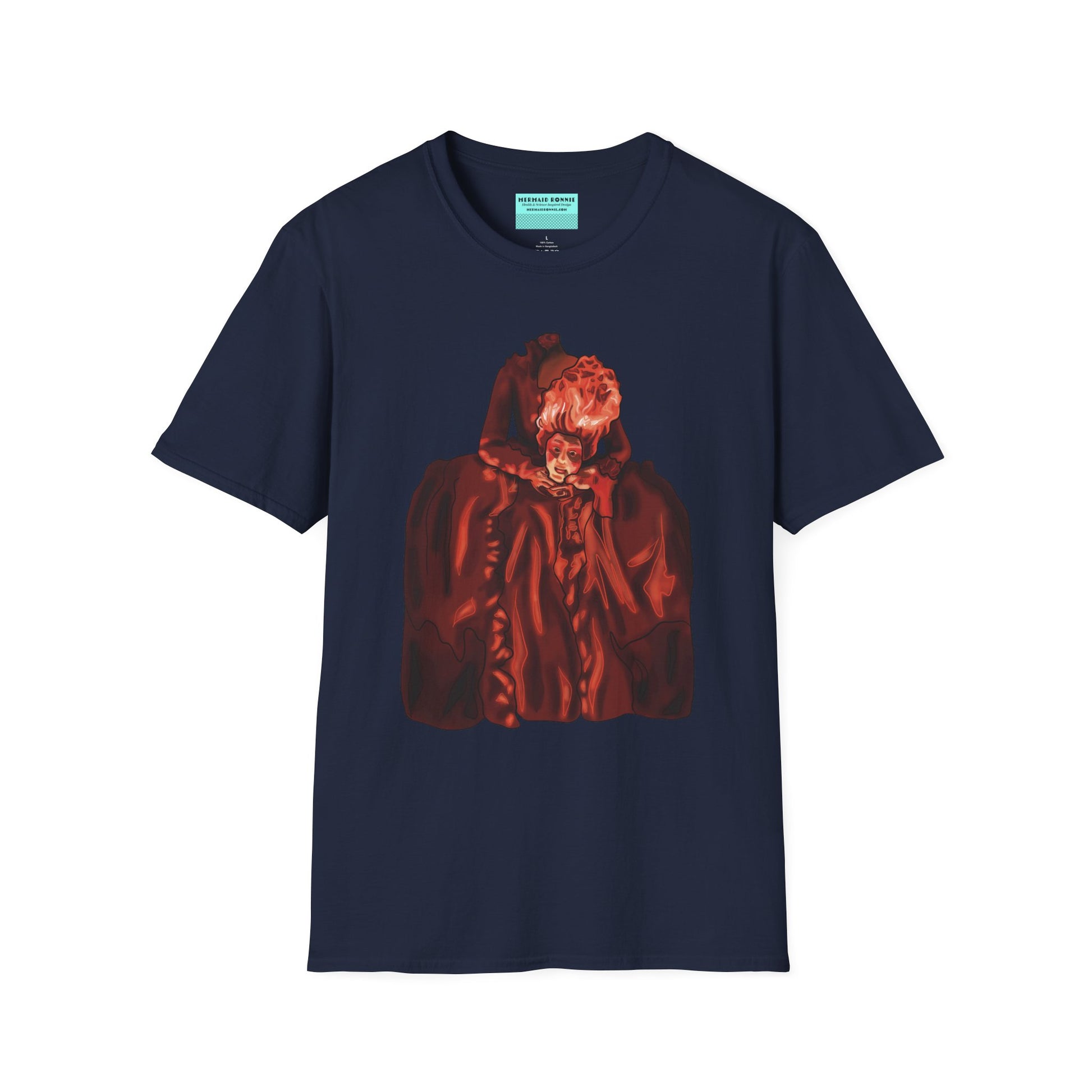 Navy t-shirt featuring an illustration of a headless Marie Antoinette holding her own head in her hands.