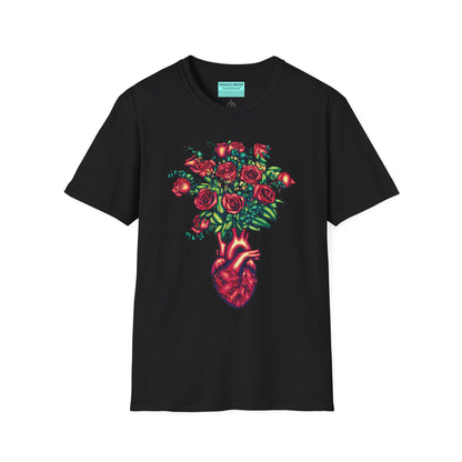 Black shirt featuring an illustration of an anatomical heart used as a vase, with a bouquet of roses emerging from it.