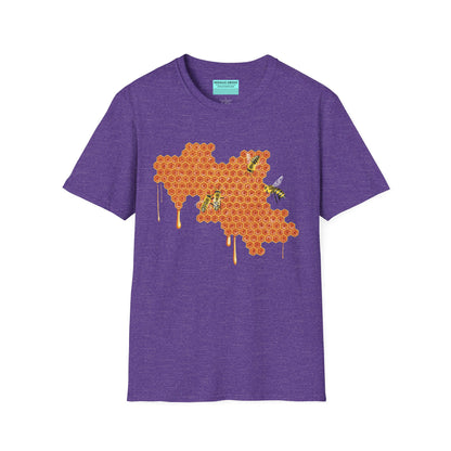 Purple t-shirt featuring a picture of honeybees buzzing around a large piece of honeycomb with honey dripping down from it.