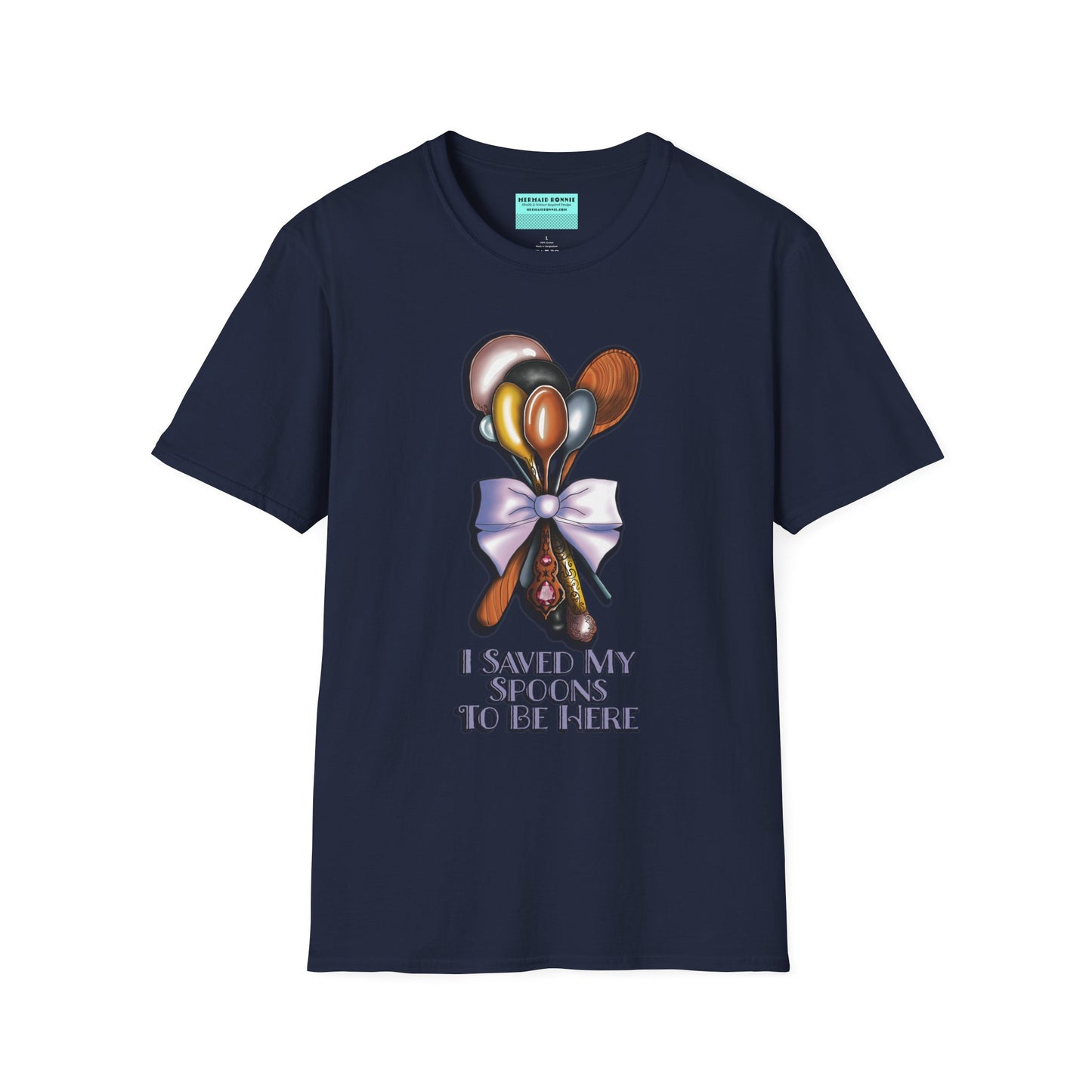 Navy t-shirt with an illustration of a bouquet of spoons and the phrase 'I saved my spoons to be here' printed on the front.